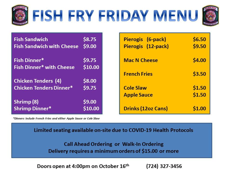Menu Released for this Friday's Fall Fireman's Fish Fry Holiday Park VFD