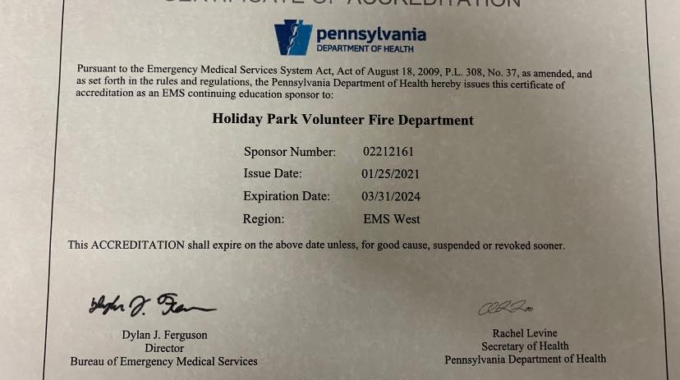 Holiday Park VFD Recertified as a EMS Education Sponsor Agency