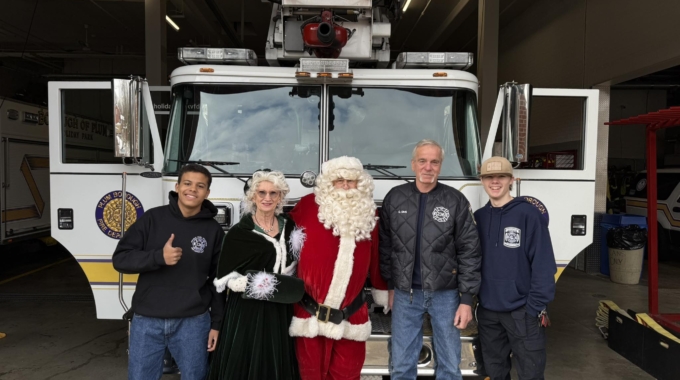 Santa Hitches a Ride on Ladder Truck for Say at Stanford’s Home Center